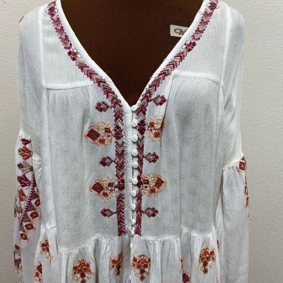 Free People Womens Tunic Size M White V-Neck Button Up Long Sleeve Embroidered - Picture 5 of 10